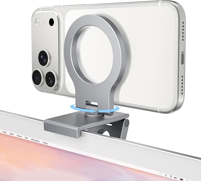 Itramax 360° Continuity Camera iPhone Webcam Mount for iMac&Desktop Monitor | Magnetic PC Phone Webcam Holder Stand,Metal Rings,for MagSafe iPhone 17 16 15 14 13 12 11 XR XS,Apple TV,Studio Display,Gray by Itramax
