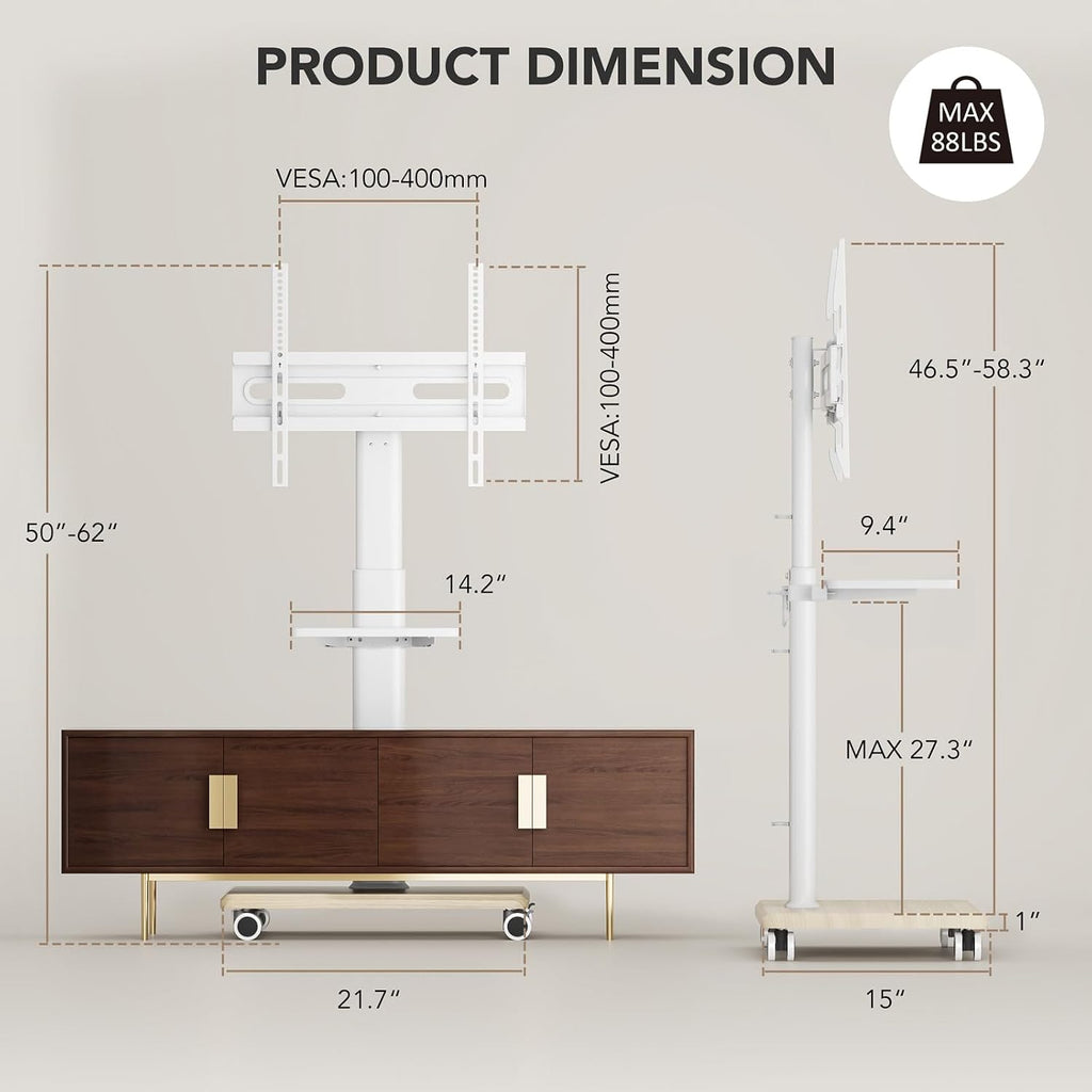 Universal Floor TV Stand, Portable Rolling Floor TV Mount with Wheels, 80 Degree Swivel Height Adjustable for 27 to 65 Inch LCD LED OLED, Holds up to 88 lbs Mobile TV Cart, Max VESA 400x400mm - Image 2