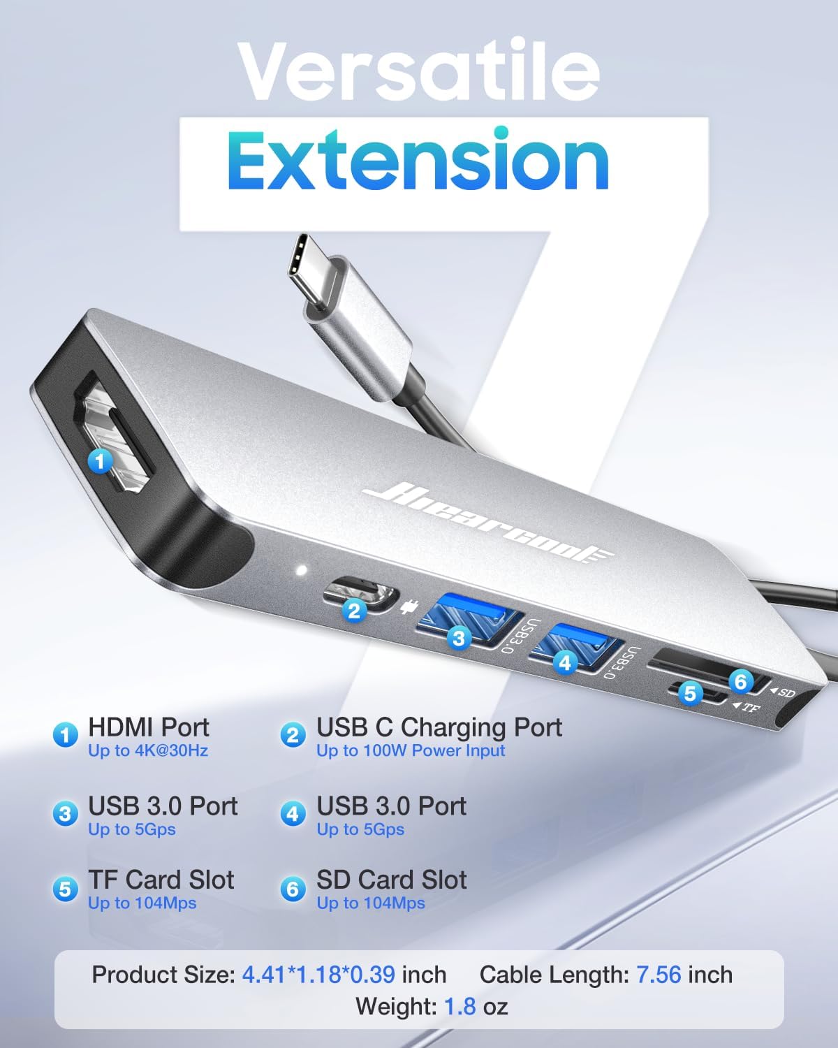 Hiearcool 7-in-1 USB C Hub, USB C Dongle Compatible for MacBook, Silver - Image 2