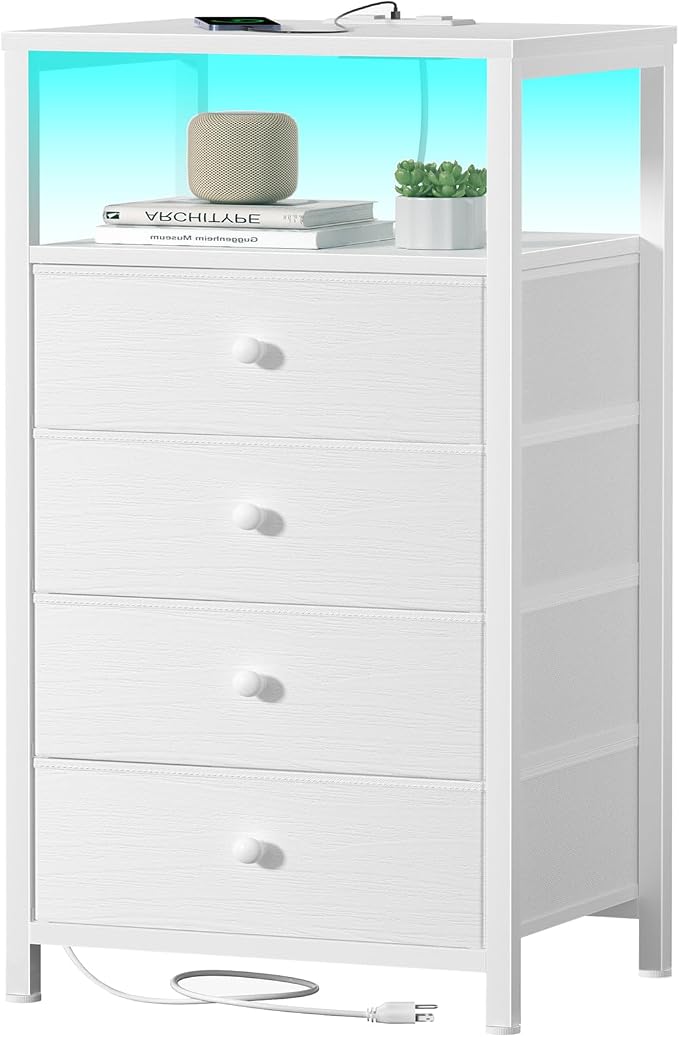 BOLUO Tall Night Stand with Drawers, White Nightstand with Charging Station and LED Light, Small White 4 Drawer Dresser for Bedroom, Room Storage Closet by BOLUO