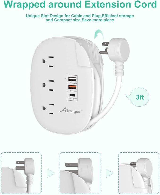 Alitayee PD20W USB C Travel Power Strip,3 Outlets 3 USB,3ft Wrapped Cord | PD20W USB C Fast Charging Station,QC 3.0 Charger,3 Outlets,Flat Plug,3ft Wrapped Around Extension Cord,for Cruise Travel Home - Image 4