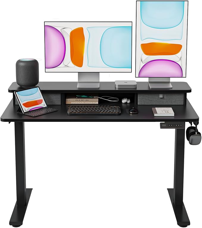 BANTI 48x24 Inch Electric Standing Desk with Dual Drawers, Height Adjustable Stand Up Table, Sit Stand Home Office Desk with Storage Shelf, Black Frame/Black Top by Bantifurniture