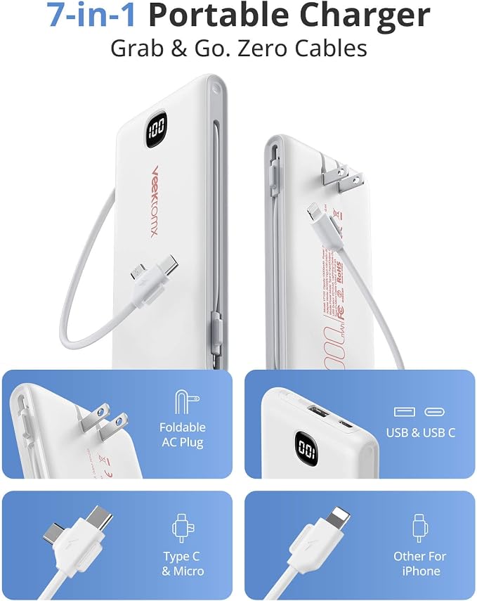 VEEKTOMX 10000mAh Portable Charger with Built-in Cables & Wall Plug | Fast Charging Slim USB-C Power Bank for iPhone, Samsung, iPad | 5 Outputs, Charges 4 Devices | Travel Ready, ETL Certified - Image 5