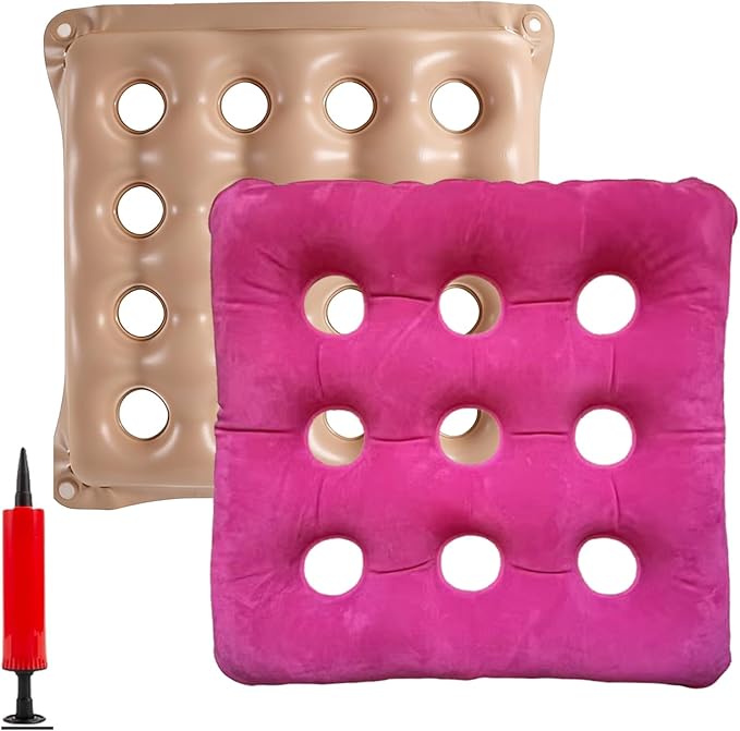 2-Pack Waffle Inflatable Seat Cushions with Pump, 18 Inch Beige 16-Hole Air Cushion for Pressure Relief, Wheelchair, Office Chair, Car Seat & Travel (Red&Beige) by Unknown