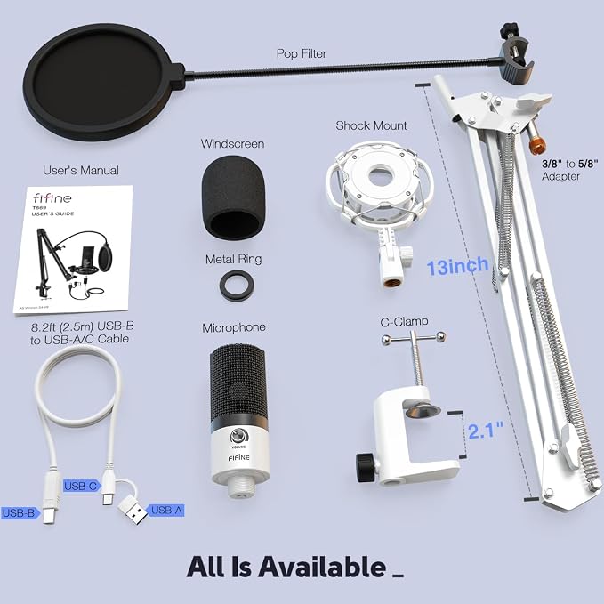 FIFINE T669 White USB Recording Microphone Kit for Vocals, Voice-Over | Studio Condenser Microphone, Metal Boom Arm, 16mm Large Diaphragm, Podcast, Streaming, Music Creation, Singing - Image 6