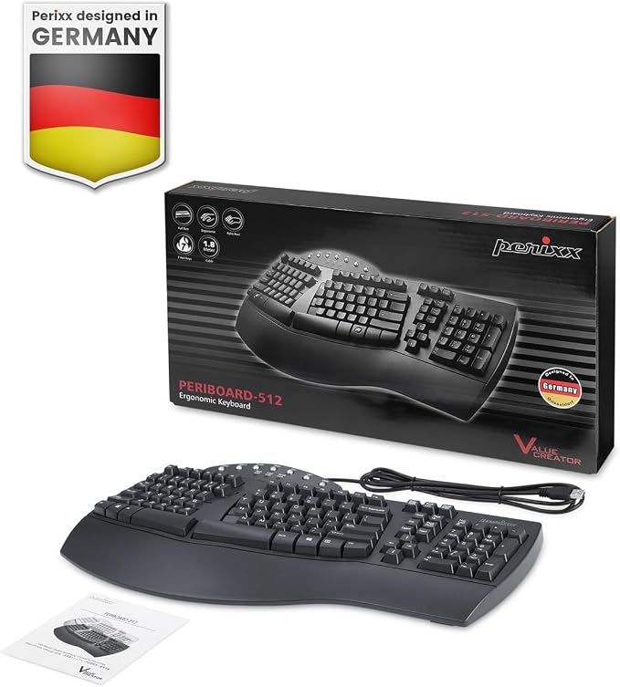 Perixx PERIBOARD-512B Wired Ergonomic Keyboard - Split Keyboard, Wrist Rest, Natural Typing - Wired USB Connectivity - US English - Black - Image 7