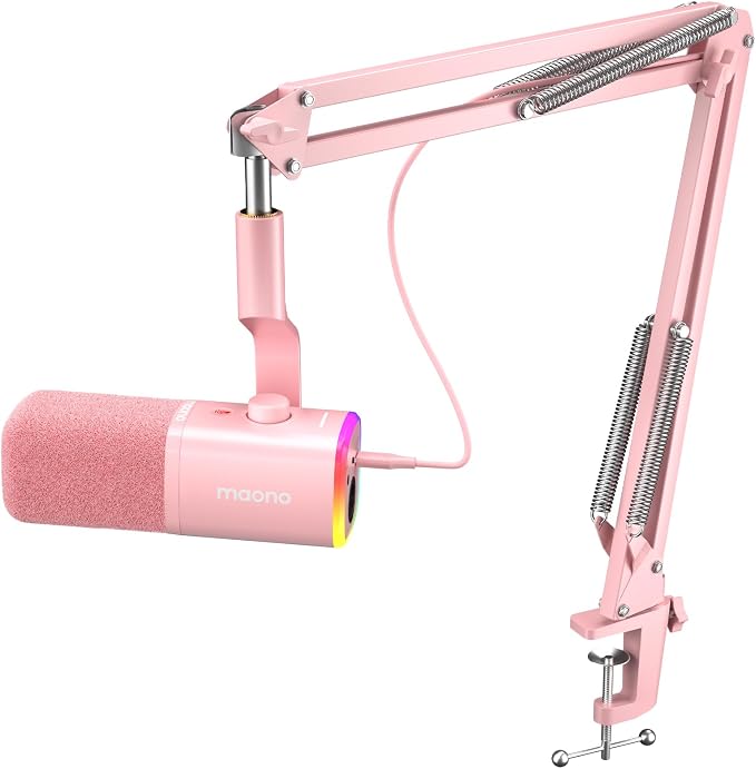 MAONO XLR/USB Gaming Microphone for PC, Dynamic Computer Mic for Streaming Podcasting, Noise Reduction, Mute, Volume Control, RGB Boom Mic for Vocal Recording,Voice-Over, PD100XS Pink by MAONO