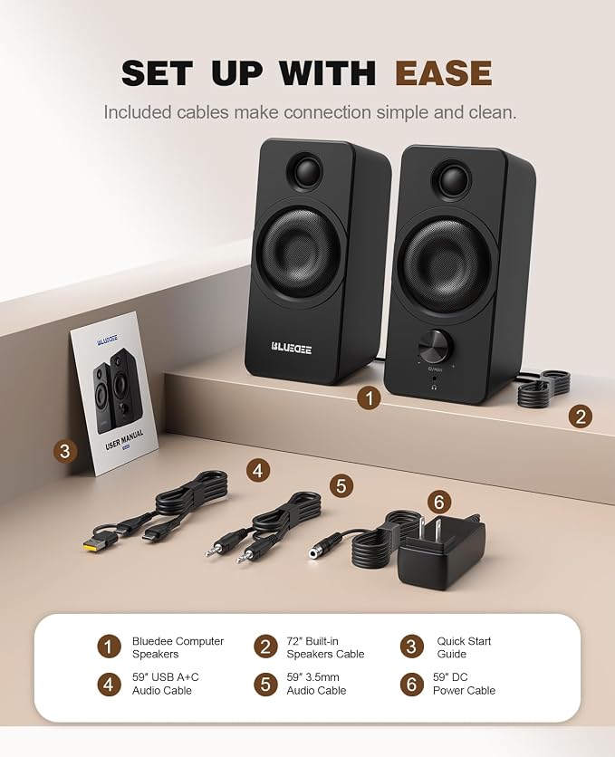 Bluedee PC Speakers for Desktop, Computer Speakers with Dedicated Tweeters | Crisp Highs, USB-A/C, AUX & Bluetooth 6.0 for Laptop & Monitor, Clean 384kHz/32-Bit USB Audio, Headphone Jack & Knob Control - Image 7
