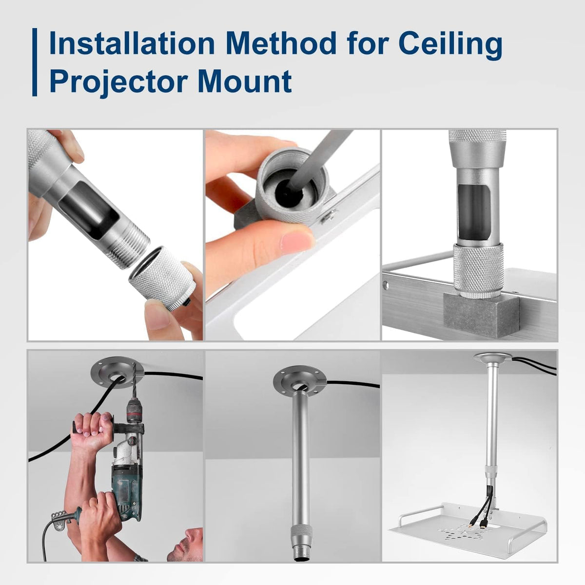 2-Be-Best Projector Ceiling Mount with Tray, 14.5-23.2IN / 37-60CM Height Adjustable Universal Projector Ceiling Mount 360° Rotation Ceiling Projectors Mounts Silver - Image 3