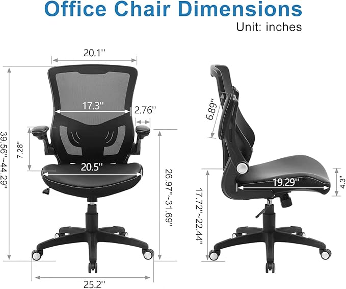 Office Chair Ergonomic Desk Chair, Computer PU Leather Home Office Chair, Swivel Mesh Back Adjustable Lumbar Support Flip-up Arms Executive Task Chair - Image 3