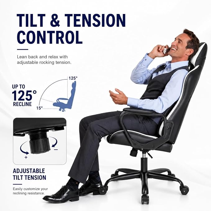 BestOffice High-Back Gaming Chair PC Office Chair Computer Racing Chair PU Desk Task Chair Ergonomic Executive Swivel Rolling Chair with Lumbar Support for Back Pain Women, Men,White - Image 8