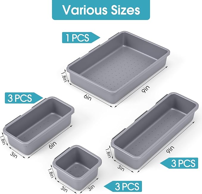 10 PCS Drawer Organizer Set, 4 Size Makeup Drawer Divider Organizer With Non-Slip Pads, Interlocking Plastic Storage Bins for Office,Jewelry Vanity,Gadgets, Bathroom,Kitchen, Grey - Image 2
