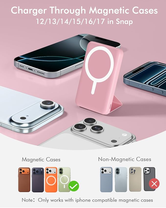 podoru for MagSafe Power Bank 10000 mAh, Foldable Magnetic Portable Charger | 22.5W PD Fast Charging, with USB-C Cable LED Display, Wireless Battery Pack for iPhone 17/16/15/14/13/12 Series-Pink - Image 2
