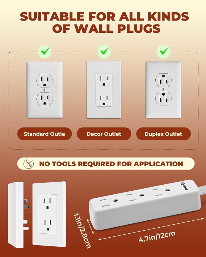 Saker Outlet Concealer Power Strip, 8ft Flat Cord, 3 Outlets, White | 8ft Ultra-Thin Flat Extension Cord, Low-Profile Flat Plug Design, 3 Convenient AC Outlets, Wall-Hugging Cord Management - Image 5