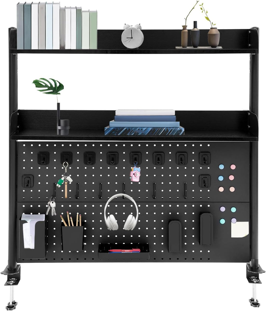 Clamp on Desk Shelf with Pegboard, Desk Extender Pegboard Workstation, Desktop Bookshelf Storage Shelves for Home Office Dorm, 37.4in (Black) by lxrnqcey