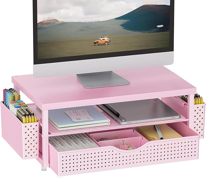gianotter Desk Organizers and Accessories, Monitor Stand with Drawer and 2 Pen Holder, Desktop Organizer Suitable for Offices and Dormitories (Pink-Plain) by gianotter