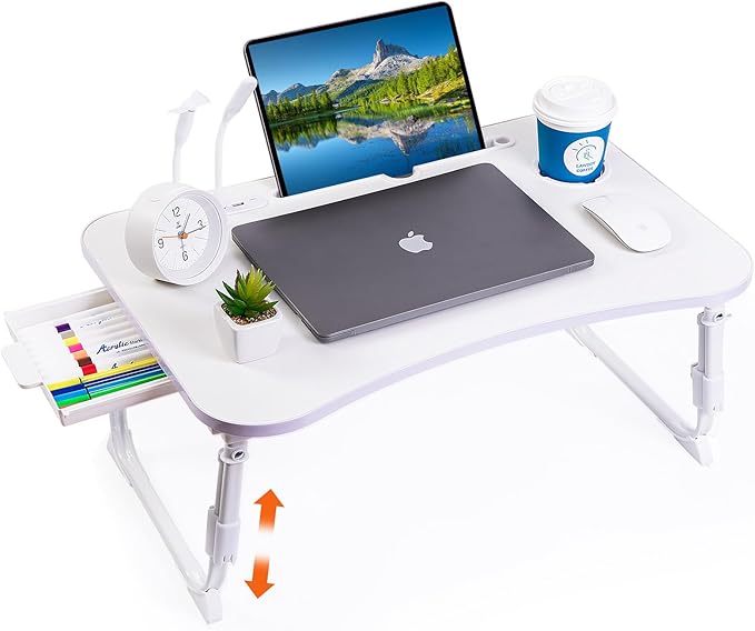 Laptop Desk for Bed, Height Adjustable Laptop Bed Table, Foldable Portable Lap Desk Stand with USB/Storage Drawer/Cup Holder/Slot, Breakfast Tray for Working Reading Writing Eating, White by BYMECOST