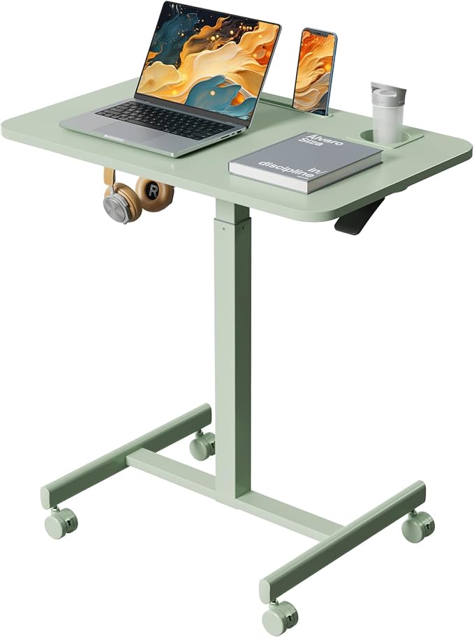 28” Rolling Standing Desk Height Adjustable with 4 Lockable Wheels | Small Mobile Laptop Stand Up Cart with Cup Holder, Portable Teacher Computer Workstation with Hook and Slots, Green by LiftSync