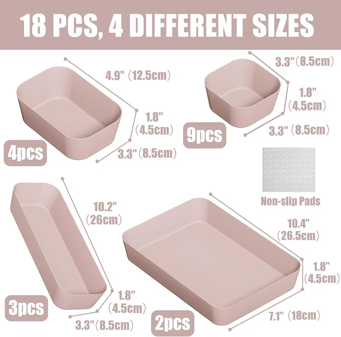 Drawer Organizers Bins 18 PCS for Bathroom Makeup Desk Office | with Non-slip Pads, 4 Sizes, Plastic Tray, Vanity Organizer, Kitchen Utensils Organizer - Image 2