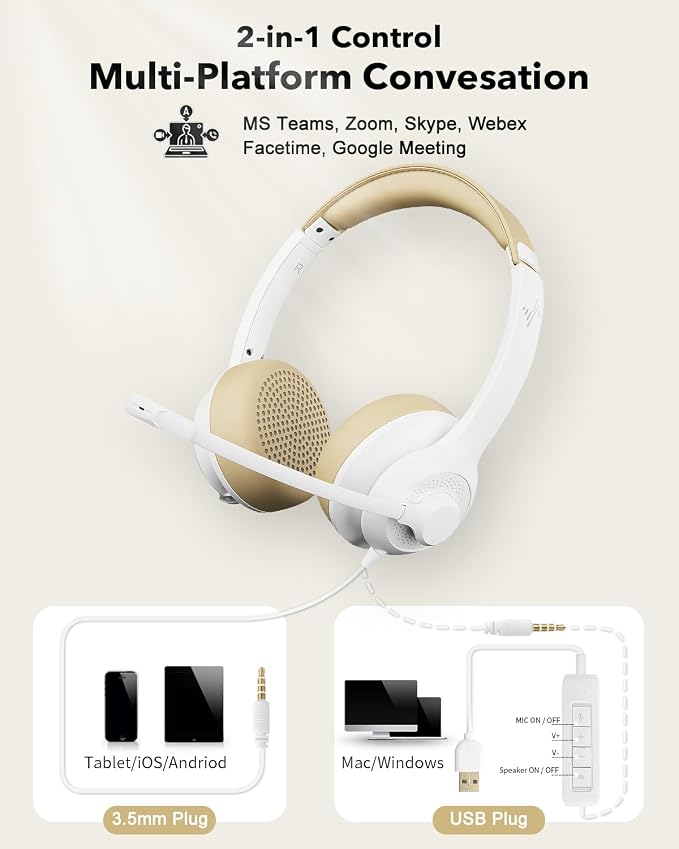 JIAMQISHI USB Headset with Microphone for PC, On-Ear Computer Laptop Headphones with Noise Cancelling Mic in-line Control for Home Office Online Class Zoom (USB+3.5mm, White) - Image 5