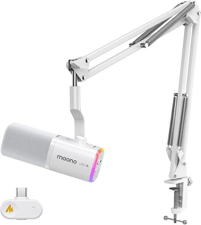 MAONO PD100W Wireless Dynamic Gaming Microphone for PC with USB-C Receiver | One-Click Noise Reduction,Custom RGB,Mute,Monitoring, Companion App,Boom Mic Set for Game Streaming Discord Podcasting, White by MAONO