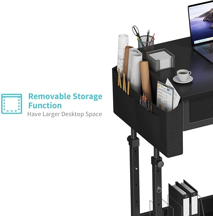 Small Portable Rolling Standing Desk - 32 Inch Adjustable Mobile Stand Up Gaming Desks with 2 Fabric Drawers on Wheels, Couch Sofa Side Laptop Table with Storage for Home Office, Black - Image 8