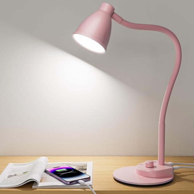 BOHON Cute Desk Lamp with USB Charging Port, 3 Color Modes Dimmable, Pink | Pink Lamp LED Reading Lamp, Flexible Neck Auto Dimming Table Task Light for Home Office Dorm Bedside by BOHON