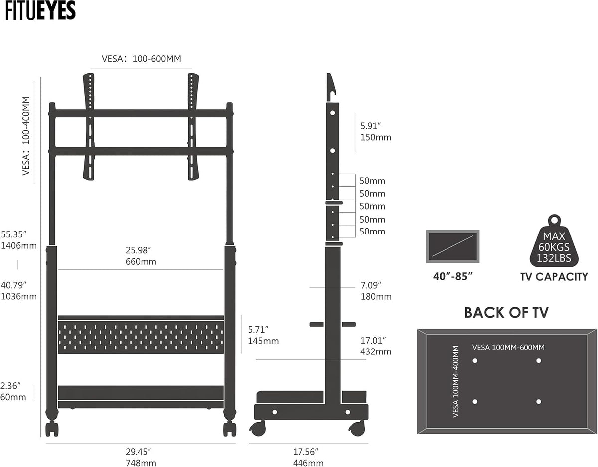 FITUEYES Rolling TV Stand Mount for 40 to 85 TVs with Wooden Shelf, Walnut - Image 6