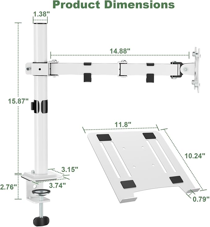 UPGRAVITY White Laptop Desk Mount with Vented Tray for Notebook up to 17 inch, Fully Adjustable Single Laptop Arm Stand Holds up to 17.6 lbs, Clamp on/Grommet Mounting | Fully Adjustable Single Laptop Arm Stand Holds up to 17.6 lbs, Clamp on/Grommet Mo... - Image 3