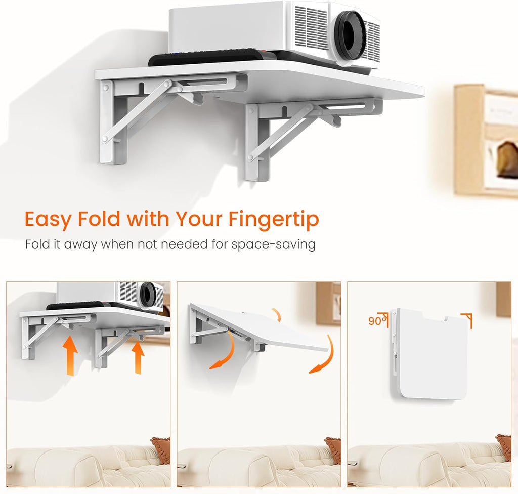 Projector Shelf for Wall, Wood Folding Wall Mount Shelf, White - Image 3