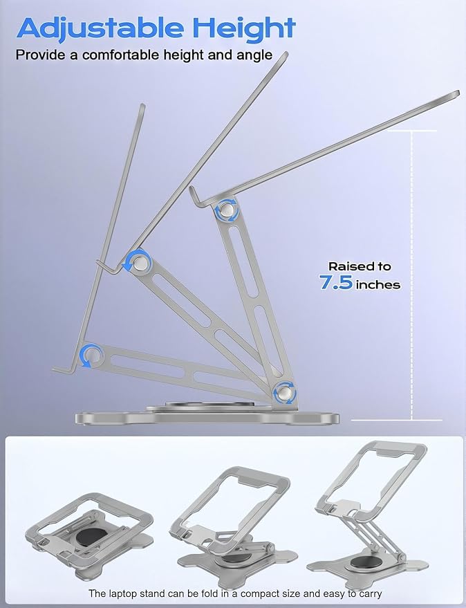 JCZT 360° Rotating Laptop Stand for Desk, Metal Foldable Laptop Riser Gray | Ergonomic Portable Adjustable Laptop Stand, Ventilated Cooling Notebook Holder for MacBook Air Pro, All 10-16'' Laptops - Image 4