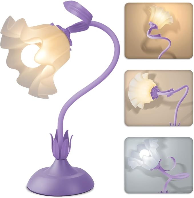 Women Bedside Table Lamps for Bedroom, Cute Flower Desk Lamp with Adjustable Flexible Gooseneck, 3 Color Temperatures Nightstand Lamp with E26 LED Bulbs, Floral Lamp for Living Room, Office,Reading by Larnix