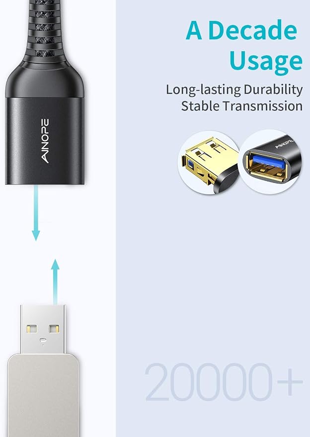 AINOPE USB Extension Cable,USB Extender,USB 3.0 Extension Cable, Male to Female Cord High Data Transfer Compatible with Webcam,Keyboard,Flash Drive,Hard Drive,Printer,16FT,Black - Image 6