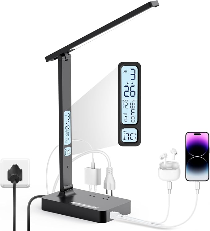 Infiway Desk Lamp with USB Charging Port: LED Stepless Dimmable Eye Caring Desk Light for Home Office - 1 Type-C, 1 USB-A Charging Port, 2 AC Power Outlets, Multiple Light Modes for Study and Bedroom by INFIWAY