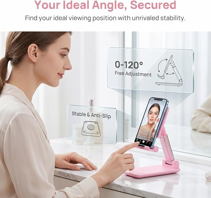 Phone Stand for Desk, Cell Phone Holder Cute Smart Cellphone Stand Foldable Stands Compatible with Under 8" Devices, Office Accessories, White-Pink - Image 5