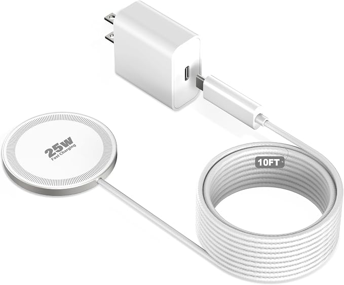 25W Magnetic Wireless Charger, 10FT Fast Charging Pad Wireless Charge for iPhone 17 16 /AirPods3/2/Pro/for Galaxy S26 Ultra/Pixel 10 Series, Portable Charger for Desk& Travel(1Pack,White) by WAYLITEWirelessCharger