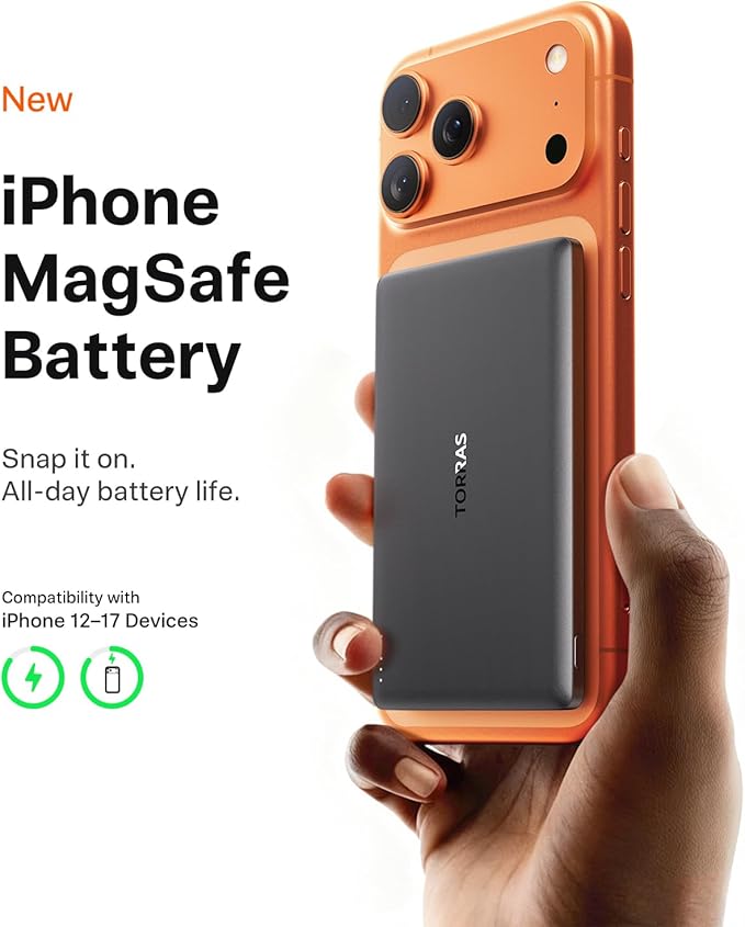 TORRAS MiniMag 5000mAh Magnetic Power Bank, Ultra-Slim 0.3in MagSafe-Compatible Wireless Charger, 18W USB-C Fast Charging Battery Pack for Daily Commute & EDC, Fits iPhone 17/16/15/14/13/12, Gray - Image 2