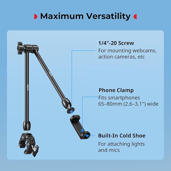 SMALLRIG Desktop Magic Arm Support with Crab-Shaped Clamp Kit, Aluminum Alloy, 24.3x4.5x1.1 in, 0.6lb Payload, for Smartphones, Webcams, Action Cameras, 5624 - Image 5