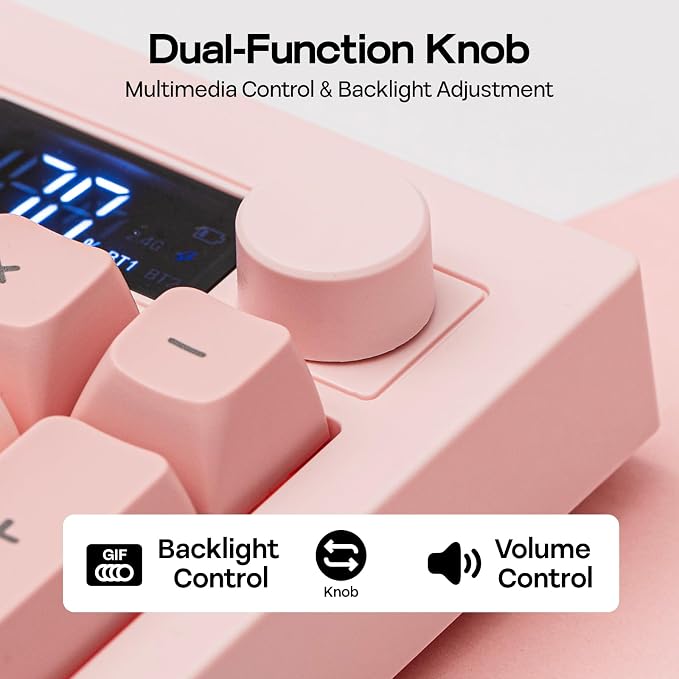 EPOMAKER Aula S102 PRO Membrane Gaming Keyboard w/TFT Screen & Volume Knob | Silent Keyboard w/ Number Pad for PC Game/Office, BT/2.4G/USB, RGB Backlit, Creamy Silicone Structure (Pink) - Image 9