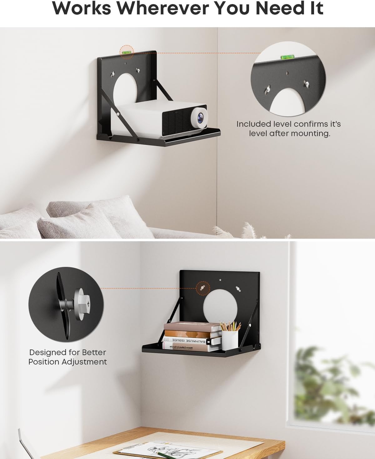 Projector Shelf for Wall Mount, Flip Down Projector Wall Mount Holds 22lbs - Image 5