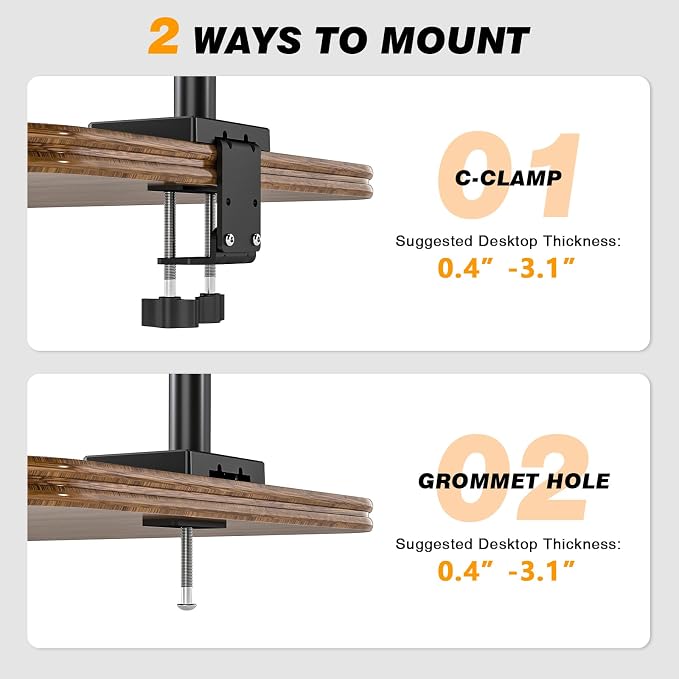 Triple Monitor Stand & Monitor Arm Desk Mount up to 32 Inches | Fully Adjustable Heavy Duty Monitor Mount for 3 Screens, Ergonomic VESA Mount with C-Clamp/Grommet Base, Cable Management - Image 4