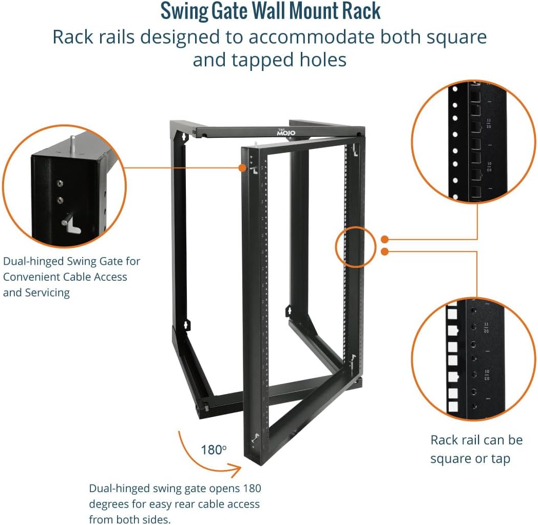 Tecmojo 18U Wall Mount Rack, Server Rack,Open Frame Server Rack,Network Rack for 19inch Computer/AV/Data/IT/Media Equipment,18inch Depth,16inch Apart Mounting Holes,Swing Gate,Square and Tapped Holes - Image 3