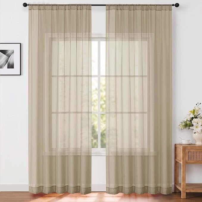 Taupe Sheer Curtains 96 Inches Long 2 Panels for Living Room 52" W | Elegant Airy Sheer Curtain for Bedroom, Light Filtering Window Treatments, Rod Pocket, 2pcs Each 52" Width x 96" Long by OWENIE