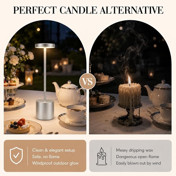 AUDLES Silver Rechargeable Table Lamps 2 Pack, Cordless Battery Operated LED Desk Lamp with Touch Control, 3 Color Temperatures, Dimmable Portable Lamps for Bedroom, Dining Room, Patio, Restaurant - Image 2