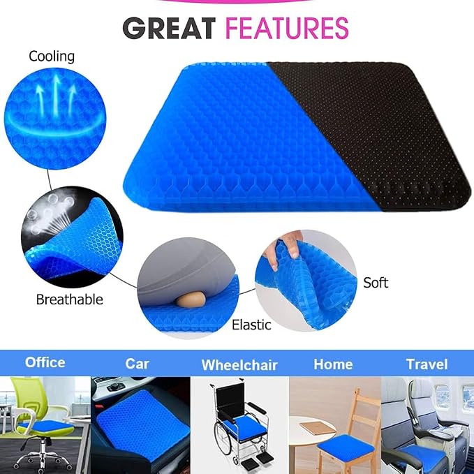 Gel Seat Cushion for Long Sitting, Double Thick Egg Gel Cushion for Pressure Relief, Breathable Office Seat Cushion Wheelchair Cushion Chair Pads - Relieve Back, Hip, Sciatica, Coccyx, Tailbone Pain - Image 4