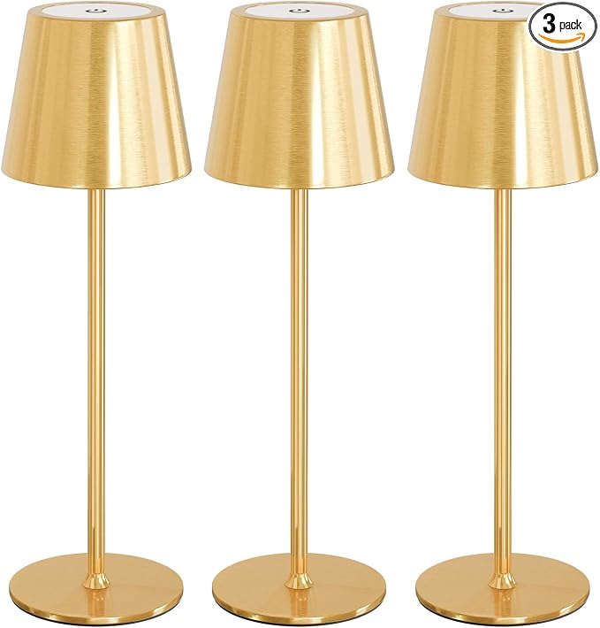 uuffoo 3 Pack Cordless Table Lamp Rechargeable 5000mAH Battery Operated Lights Touch Control LED Portable Desk Lamps 3 Color Dimming for Outdoor Coffee Bedroom Kitchen (Gold) by UUFFOO