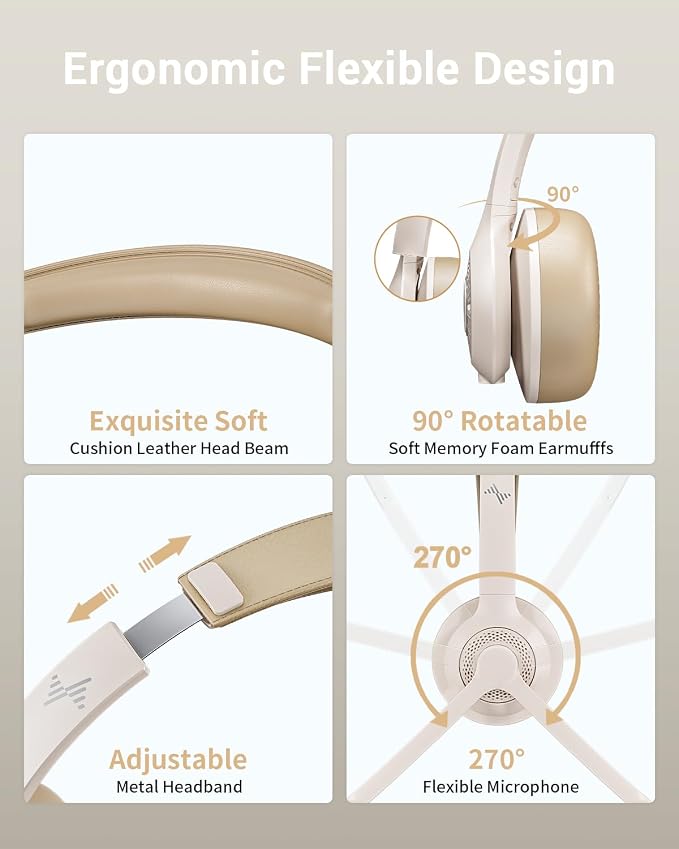 JIAMQISHI Wireless Headset with AI Noise Cancelling Microphone Bluetooth Headset - Bluetooth V5.2 Headphones with USB Dongle & Mic Mute for Computer/Laptop/PC/iPhone/Android/Cell Phones (White) - Image 6