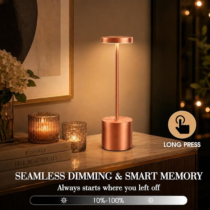 AUDLES Cordless Table Lamp, 5000mAh Rechargeable Lamp with Touch Control & Stepless Dimming, 3 Light Modes, IP54 Waterproof Portable Light for Dining Table, Patio, Bathroom, Power Outage (Rose Gold) - Image 6