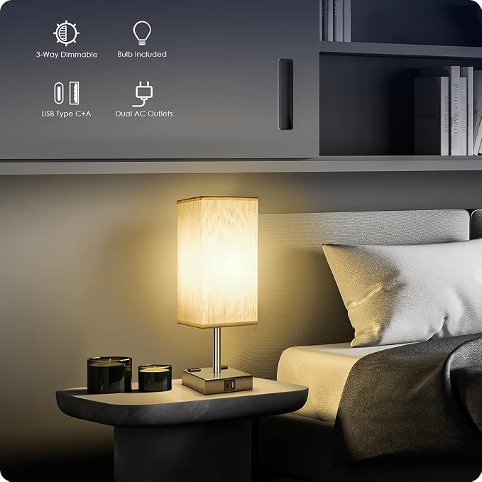 Bedside Lamp with USB Ports - Touch Control Table Lamp for Bedroom with USB C+A Charging Ports & AC Outlets, 3 Way Dimmable Nightstand Light for Living Room (LED Bulb Included, Chrome - Flaxen) - Image 2