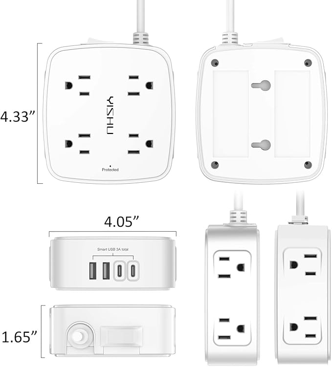 6Ft Surge Protector Power Strip with 8 Widely Outlets & 4 USB Ports | 3 Side Outlet Extender with 6 Feet Extension Cord, Flat Plug, for Home, Office, College Dorm Room Essentials, ETL, White - Image 7